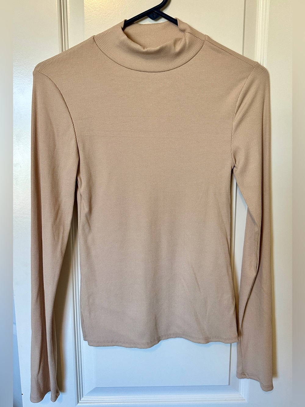 By Together NWT Sand Ribbed Mock Neck Fitted Long Sleeve Top Medium Made USA